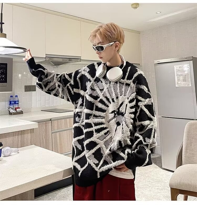 Pánsky sveter na jeseň a zimu, nový americký, volánikový, pekný, pavúčí, žakárový, lenivý štýl, voľný sveter s kapucňou