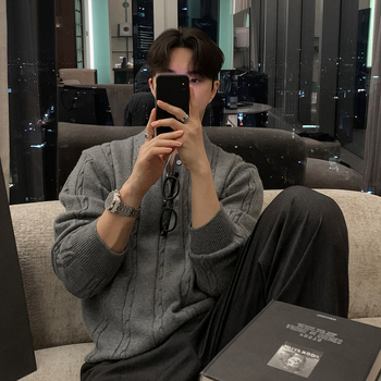 ASCLO zimný teplý klopový sveter pre mužov v kórejskom štýle, pekný, vysoko kvalitný, vynikajúci konopný vzor, voľný top