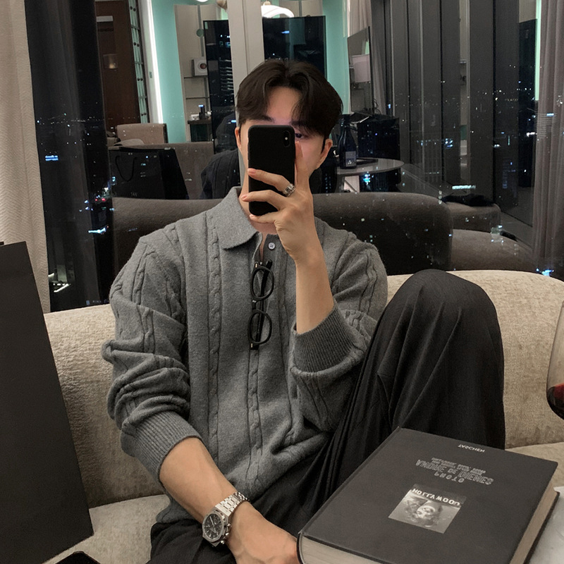 ASCLO zimný teplý klopový sveter pre mužov v kórejskom štýle, pekný, vysoko kvalitný, vynikajúci konopný vzor, voľný top