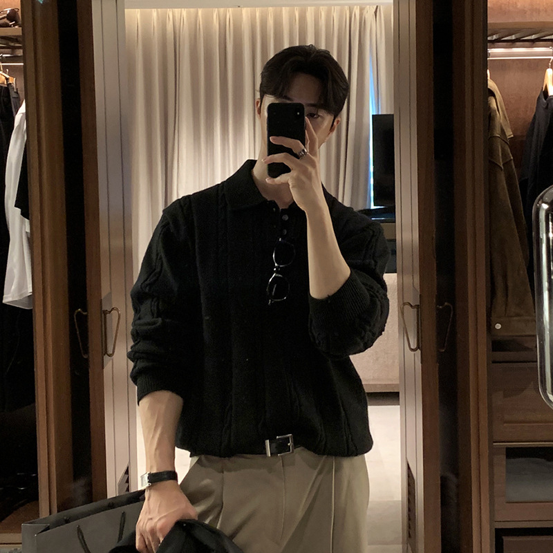 ASCLO zimný teplý klopový sveter pre mužov v kórejskom štýle, pekný, vysoko kvalitný, vynikajúci konopný vzor, voľný top