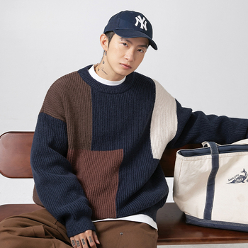 Pletenina s teksturom u boji, u obliku jama, za muškarce i žene u jesen i zimu, novi stil, japanski stil, labavi, trendi brend, debeli iglani teški pletivo