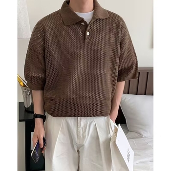 Dienvidkorejas dizaina sense adīts polo krekls, īss T-krekls, vīriešu vasaras, vaļīgs, mežģīņu, īsas piedurknes, korejiešu stilā, moderns, dobs, puspiedurknes
