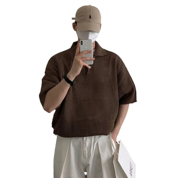 Dienvidkorejas dizaina sense adīts polo krekls, īss T-krekls, vīriešu vasaras, vaļīgs, mežģīņu, īsas piedurknes, korejiešu stilā, moderns, dobs, puspiedurknes