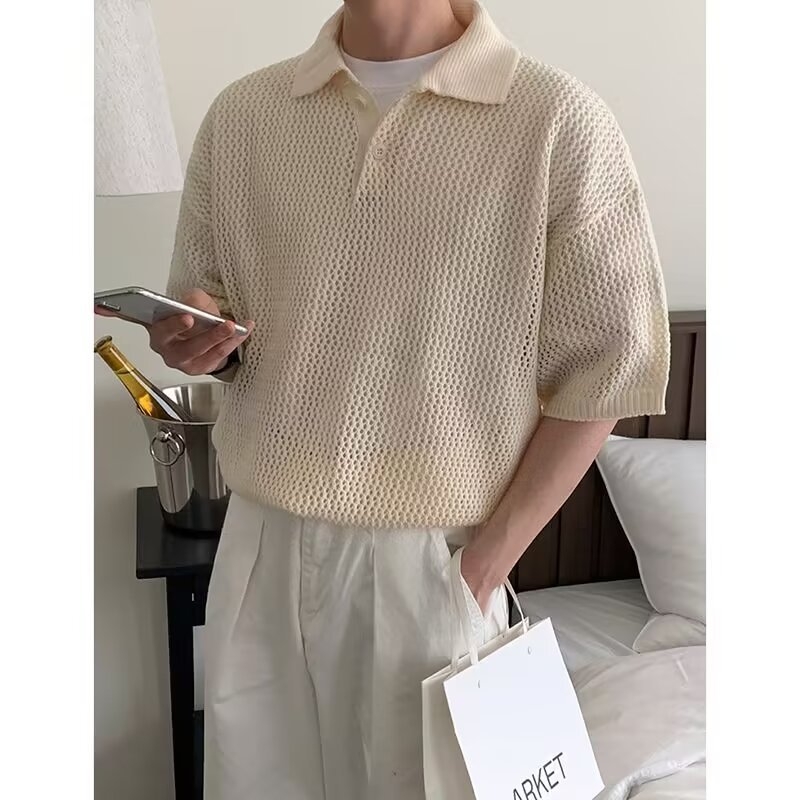 Pietų Korėjos dizaino „Sense“ megzti polo marškinėliai, trumpi, vyriški, vasariniai, laisvi, nėriniuoti, trumpomis rankovėmis, korėjietiško stiliaus, madingi, tuščiaviduriai, pusės rankovės.