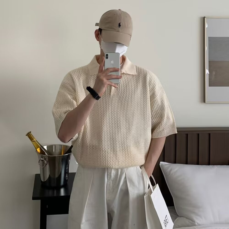 Pietų Korėjos dizaino „Sense“ megzti polo marškinėliai, trumpi, vyriški, vasariniai, laisvi, nėriniuoti, trumpomis rankovėmis, korėjietiško stiliaus, madingi, tuščiaviduriai, pusės rankovės.