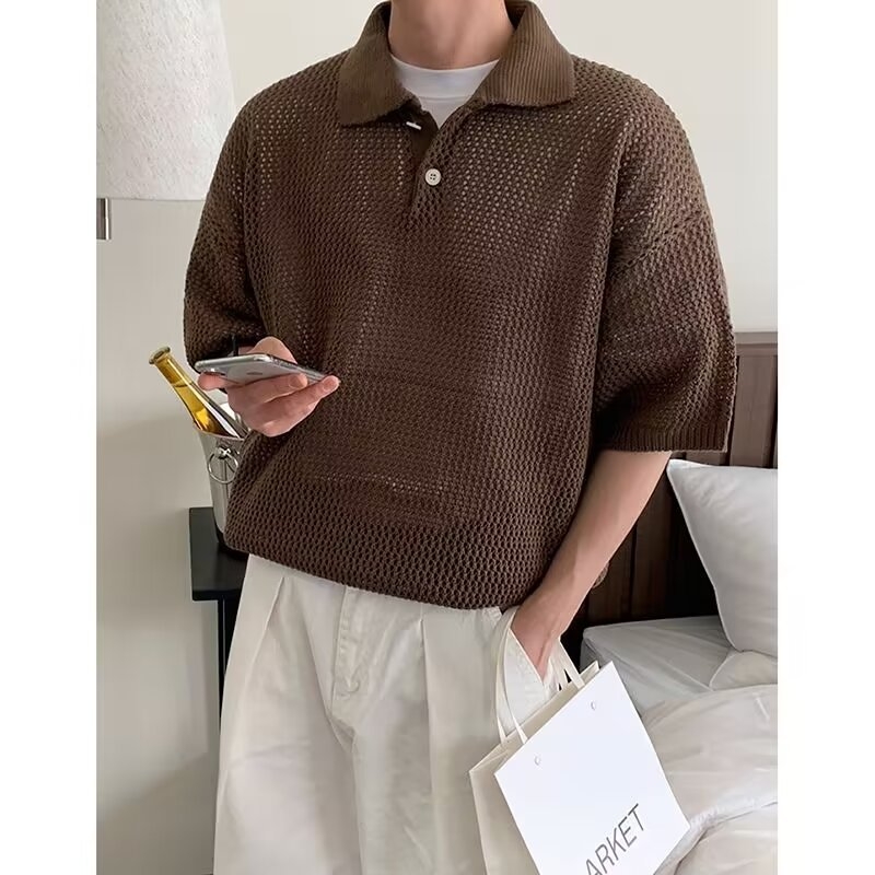 Dienvidkorejas dizaina sense adīts polo krekls, īss T-krekls, vīriešu vasaras, vaļīgs, mežģīņu, īsas piedurknes, korejiešu stilā, moderns, dobs, puspiedurknes