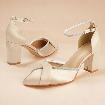 Λευκά ψηλοτάκουνα παπούτσια γάμου με χοντρό τακούνι, μοντέρνα μυτερά σατέν nude, ρηχά, κούφια, αγκράφα με μια λέξη, γυναικεία παπούτσια χονδρικής