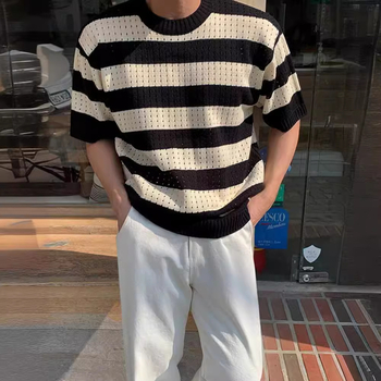 Ανδρικό καλοκαιρινό κορεάτικο στυλ καλοκαιρινό πουλόβερ με στρογγυλή λαιμόκοψη, ριγέ μισομανίκι πουλόβερ με φαρδιά γραμμή και στρογγυλή λαιμόκοψη