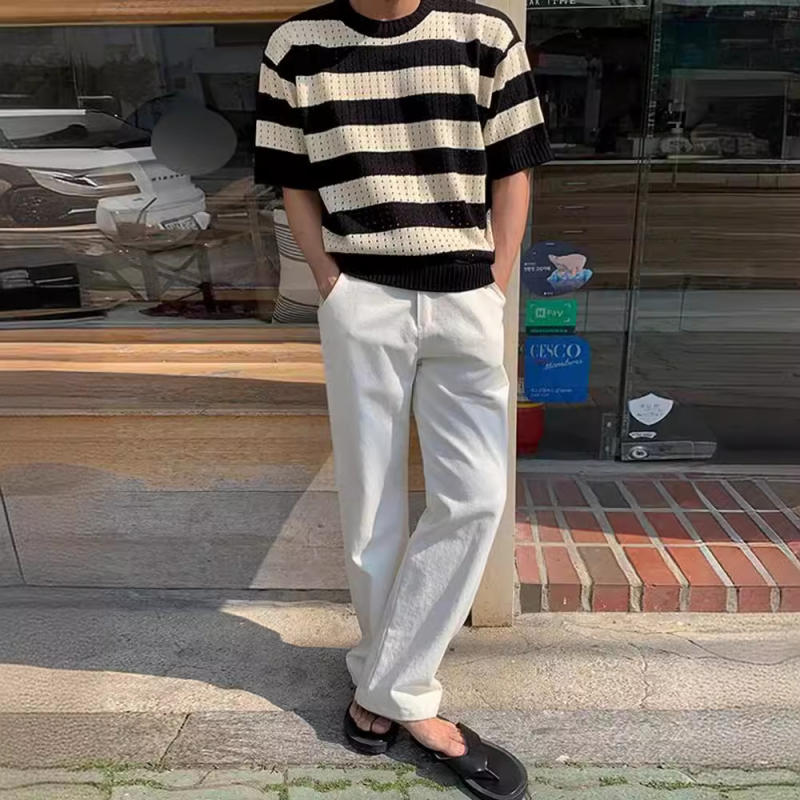 Korejski ljetni okrugli izrez s kratkim rukavima, muški ljetni korejski stil, široki dizajn, prugasta majica s pola rukava