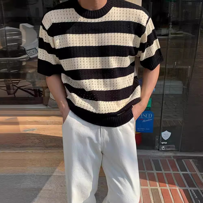 Korejski ljetni okrugli izrez s kratkim rukavima, muški ljetni korejski stil, široki dizajn, prugasta majica s pola rukava