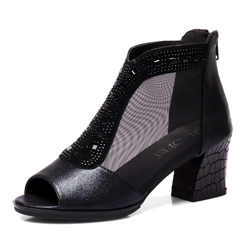 Proljetne i ljetne nove ženske sandale s ribljim ustima, debela peta, srednja peta, ženske mrežaste cipele, ležerne seksi ženske cipele s cirkonima