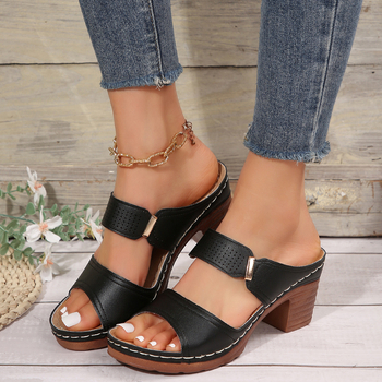 Európske a americké módne hrubé sandále na vysokom podpätku, letné nové zahraničné obchodné plus veľkosť s jedným remienkom, módne sexi sandále na vysokých podpätkoch