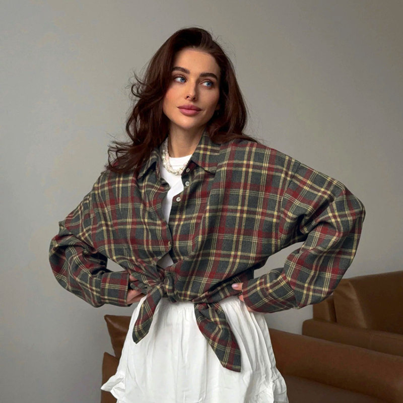 Vara nouă în carouri stil retro versatil casual rever cu mânecă lungă Cardigan cămașă europeană și americană din poliester-bumbac export cămașă pentru femei