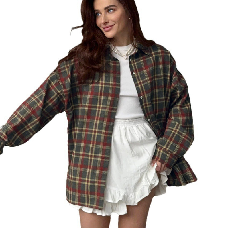 Ljetna nova karirana retro stilska svestrana ležerna kardigan košulja s reverom i dugim rukavima, europska i američka izvozna košulja od poliestera i pamuka za žene