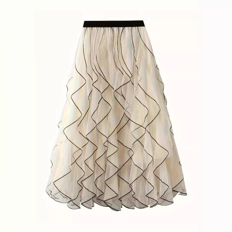 Vlnitá sieťovaná volánová sukňa s vysokým pásom, áčkový strih, dlhá dámska sukňa, exkluzívna ponuka pre rôzne veľkosti S-5XL