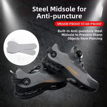 Darbo apsaugos batai su besisukančiomis sagomis, atsparūs dilimui, neslystantys apsauginiai batai, kvėpuojanti oro pagalvė, lengva elastinė paminkštinimas, Kevlaro vidpadis darbo batams