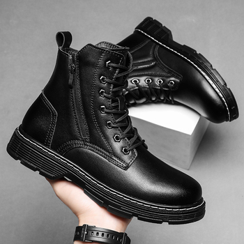 Jeseň a zima 2024 nové cezhraničné pánske kožené pracovné topánky Martin vo veľkých veľkostiach, kožené čižmy s bočným zipsom a flísovou podšívkou, teplé pánske topánky