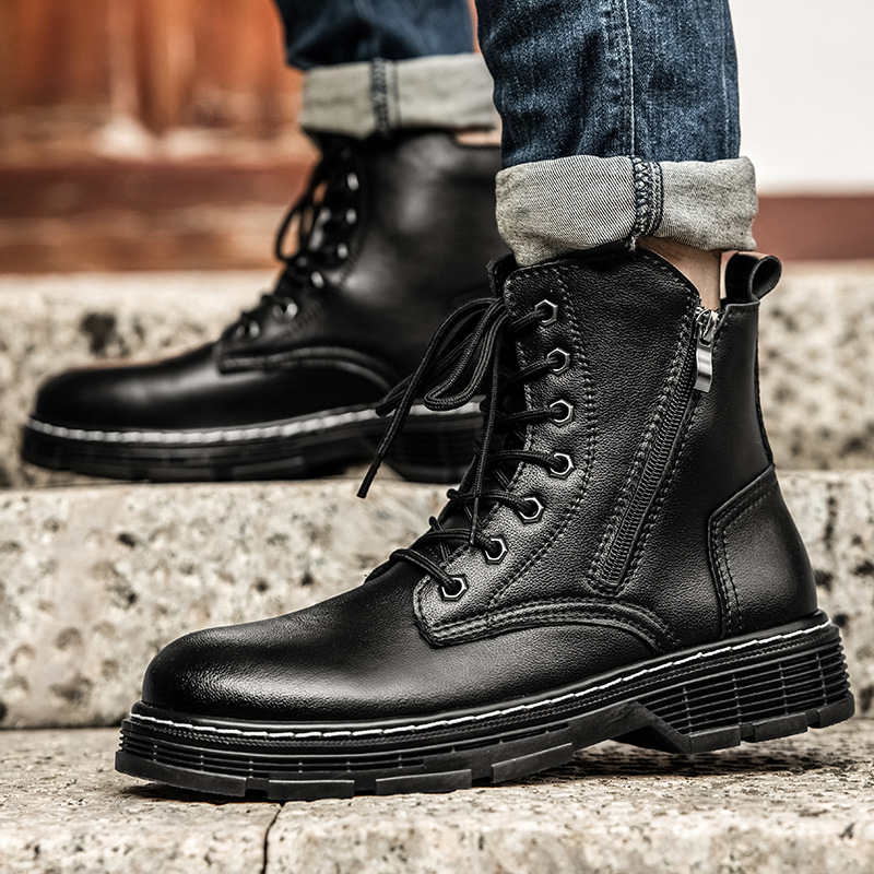 Jeseň a zima 2024 nové cezhraničné pánske kožené pracovné topánky Martin vo veľkých veľkostiach, kožené čižmy s bočným zipsom a flísovou podšívkou, teplé pánske topánky