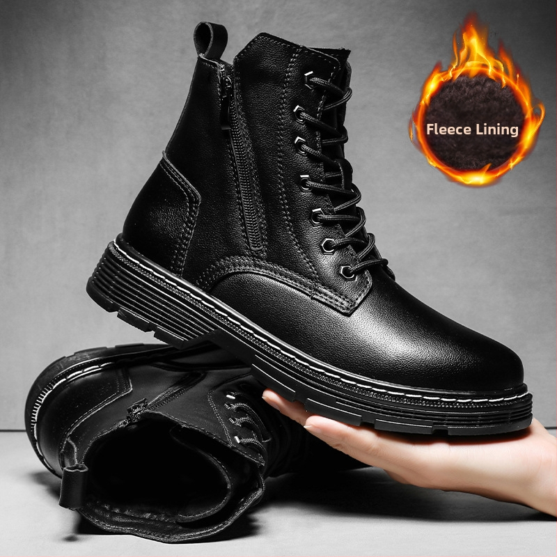 Jeseň a zima 2024 nové cezhraničné pánske kožené pracovné topánky Martin vo veľkých veľkostiach, kožené čižmy s bočným zipsom a flísovou podšívkou, teplé pánske topánky