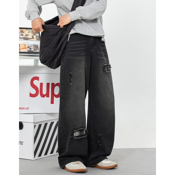 Muške poderane karirane traperice s ispranim uzorkom, proljeće 2025., nove trendi hlače marke, široke ravne ležerne hlače