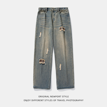 Muške poderane karirane traperice s ispranim uzorkom, proljeće 2025., nove trendi hlače marke, široke ravne ležerne hlače