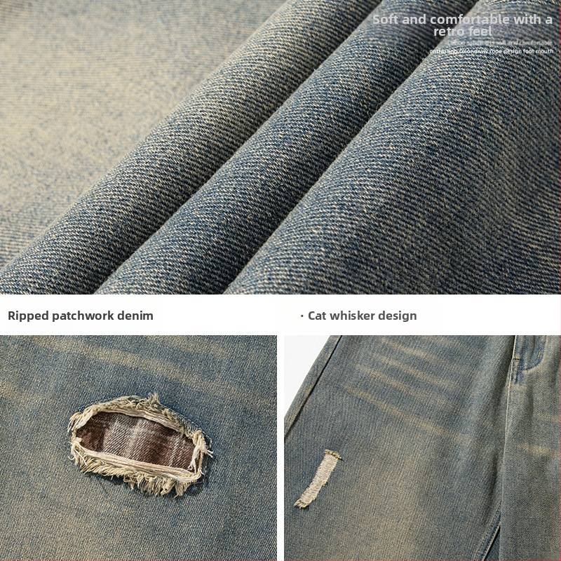 Pánske rifle Ripped Patchwork Plaid Washed, jar 2025, nové trendy značkové nohavice, voľné rovné ležérne nohavice