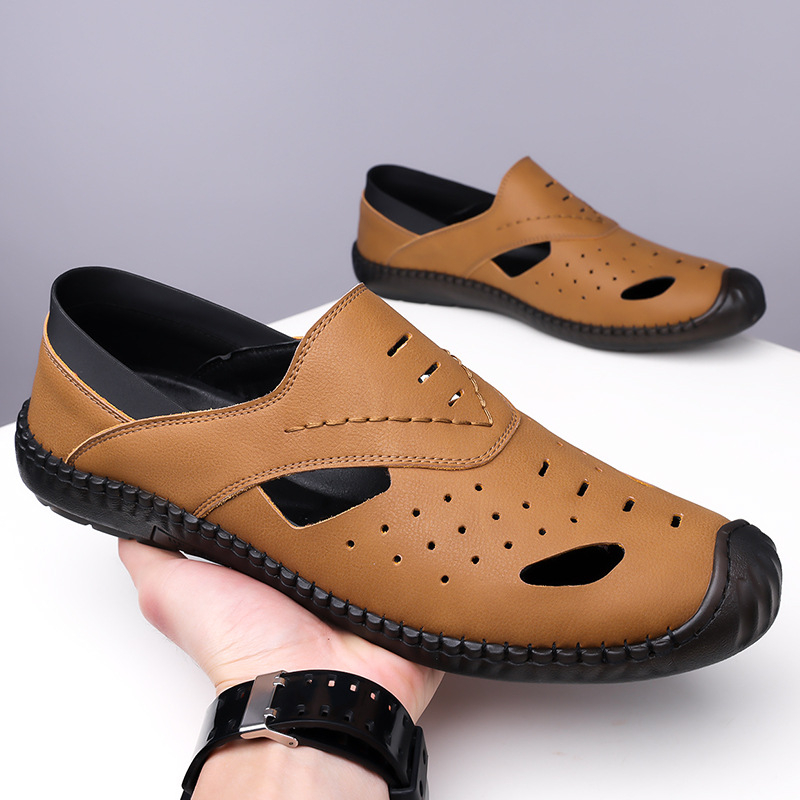 Proljetne nove muške prozračne kožne sandale za 2025. godinu, muške ručno šivane ležerne pećinske cipele s potplatom od volovske tetive za kosu