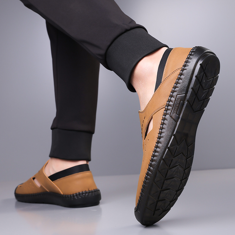 Proljetne nove muške prozračne kožne sandale za 2025. godinu, muške ručno šivane ležerne pećinske cipele s potplatom od volovske tetive za kosu