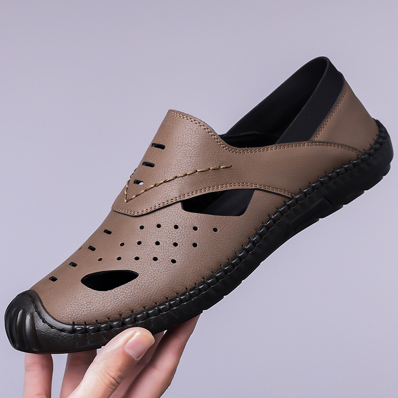 Proljetne nove muške prozračne kožne sandale za 2025. godinu, muške ručno šivane ležerne pećinske cipele s potplatom od volovske tetive za kosu