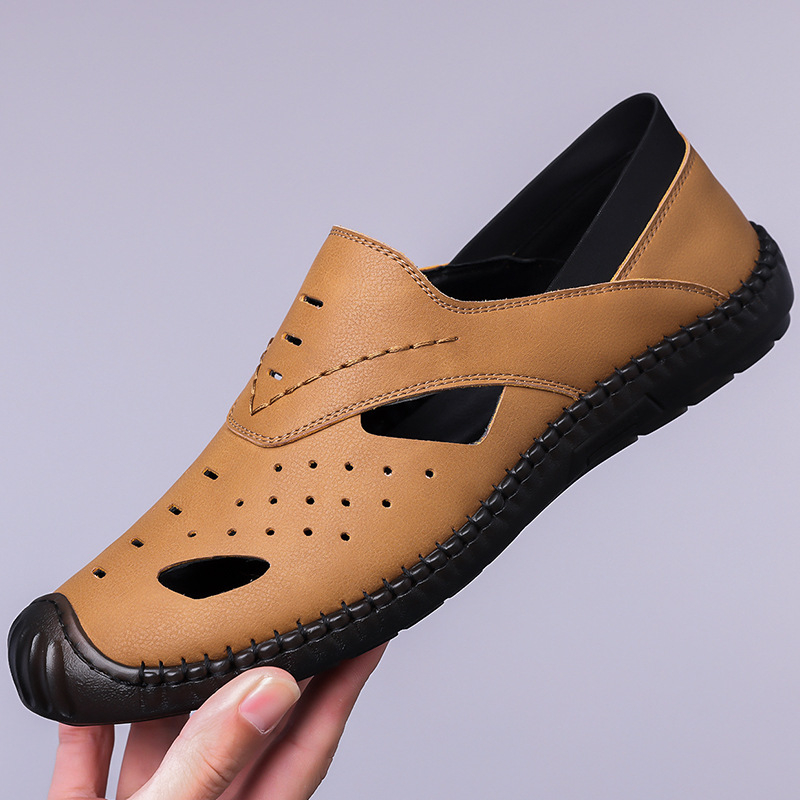 Proljetne nove muške prozračne kožne sandale za 2025. godinu, muške ručno šivane ležerne pećinske cipele s potplatom od volovske tetive za kosu