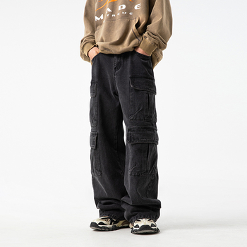 Férfi munkaruha stílusú többzsebes farmernadrág, kopott, mosott vintage japán lezser nadrág, kínai stílusú bő hosszú nadrág