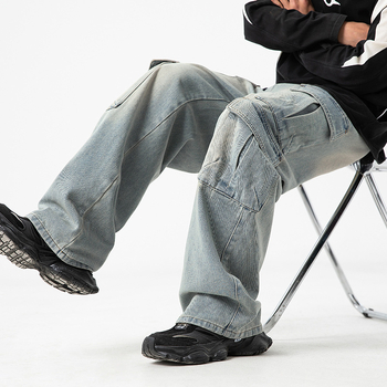 Férfi munkaruha stílusú többzsebes farmernadrág, kopott, mosott vintage japán lezser nadrág, kínai stílusú bő hosszú nadrág