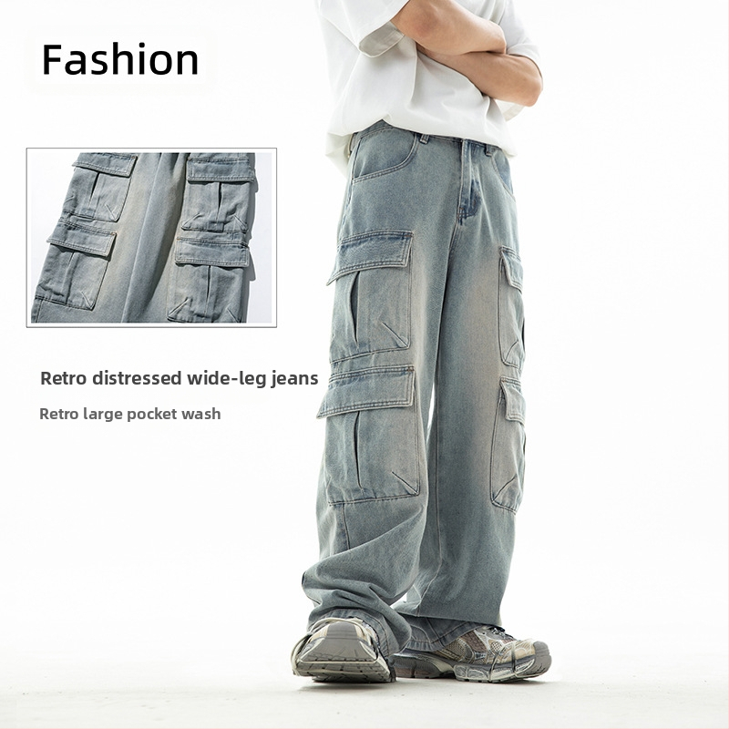 Férfi munkaruha stílusú többzsebes farmernadrág, kopott, mosott vintage japán lezser nadrág, kínai stílusú bő hosszú nadrág