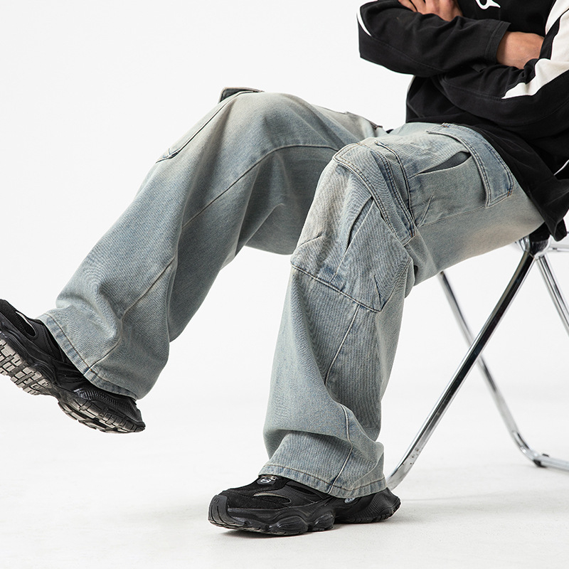 Férfi munkaruha stílusú többzsebes farmernadrág, kopott, mosott vintage japán lezser nadrág, kínai stílusú bő hosszú nadrág