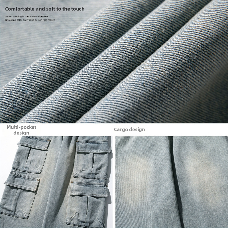 Pracovné džínsy s viacerými vreckami pre mužov, opotrebované vintage japonské ležérne nohavice, voľné dlhé nohavice v čínskom štýle