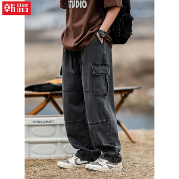 Helu muške traperice s dvostrukim trodimenzionalnim džepovima, muške proljetne nove retro oprane traperice ravnog kroja, široke hlače