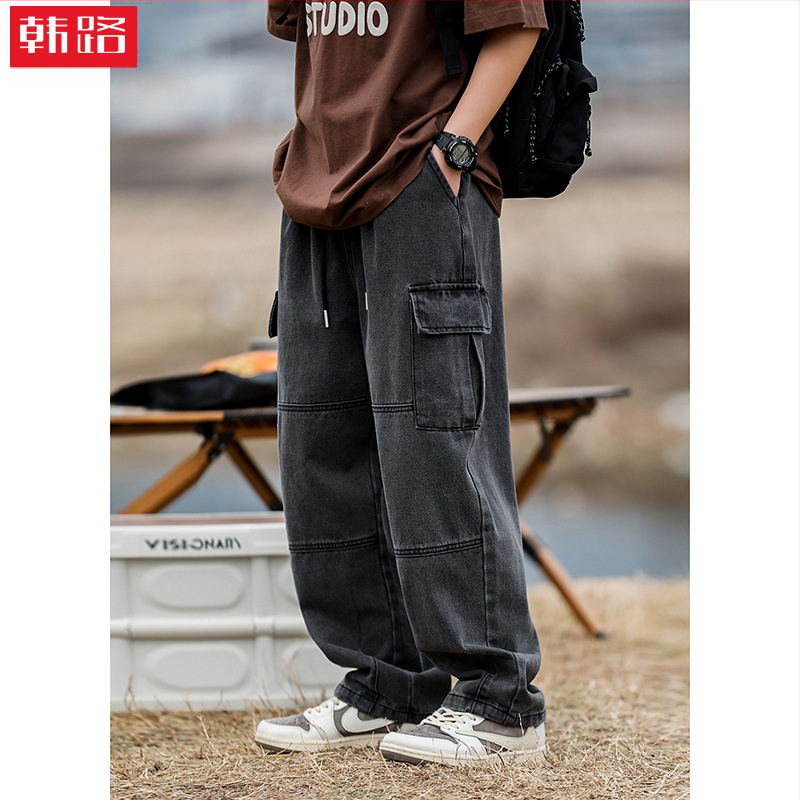 Helu muške traperice s dvostrukim trodimenzionalnim džepovima, muške proljetne nove retro oprane traperice ravnog kroja, široke hlače