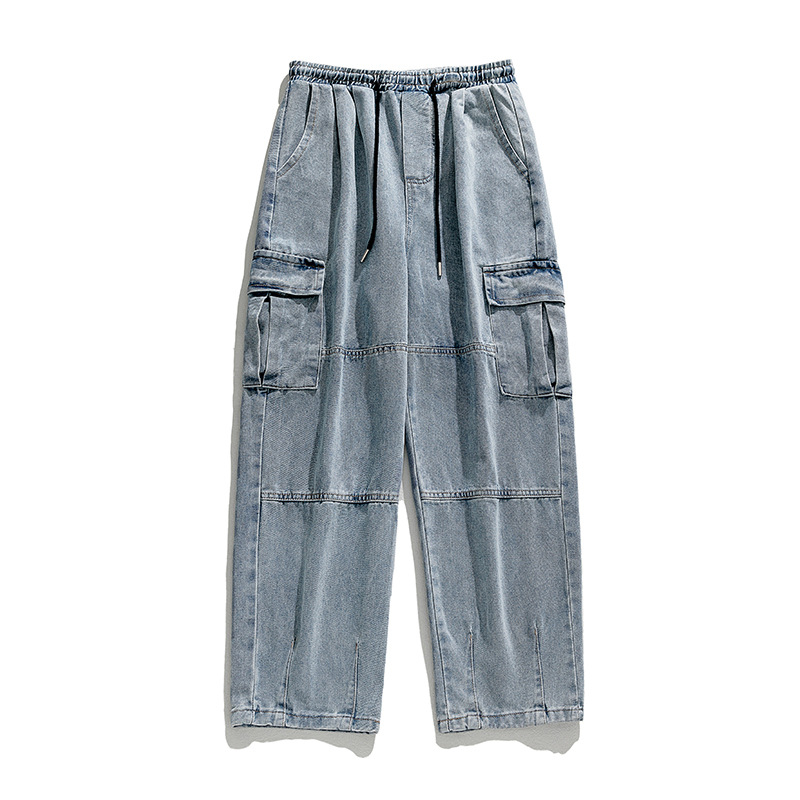 Helu muške traperice s dvostrukim trodimenzionalnim džepovima, muške proljetne nove retro oprane traperice ravnog kroja, široke hlače