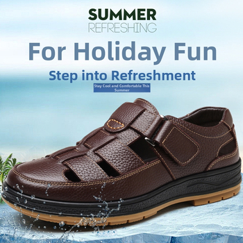 2022 Letné pánske duté priedušné kožené sandále, kožené topánky s otvorom, sandále pre stredného veku, protišmykové 9038