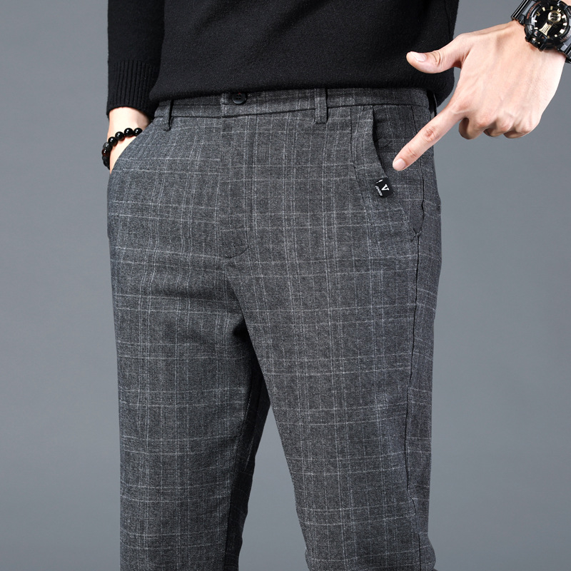 Νέα ανδρικά casual παντελόνια φθινοπώρου και χειμώνα, στενή γραμμή, μικρό, ίσιο, ελαστικό, παντελόνι, μοντέρνο, ανδρικό καρό παντελόνι με λείανση
