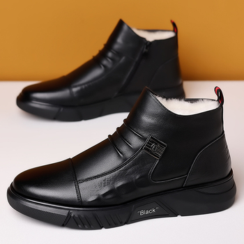 2024 Zimné nové pánske priedušné sieťované vysoké topánky, univerzálne s flísovou podšívkou, teplé zipsové ležérne kožené bavlnené topánky do vlasov