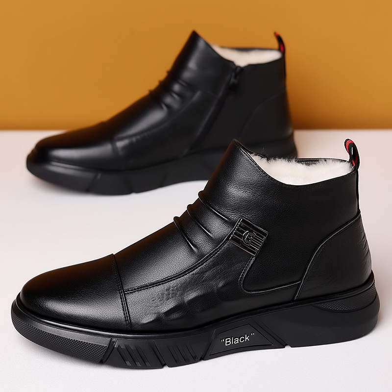 2024 Zimné nové pánske priedušné sieťované vysoké topánky, univerzálne s flísovou podšívkou, teplé zipsové ležérne kožené bavlnené topánky do vlasov