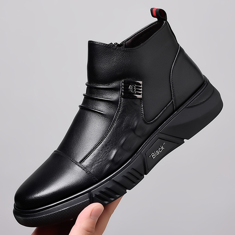 2024 Zimné nové pánske priedušné sieťované vysoké topánky, univerzálne s flísovou podšívkou, teplé zipsové ležérne kožené bavlnené topánky do vlasov