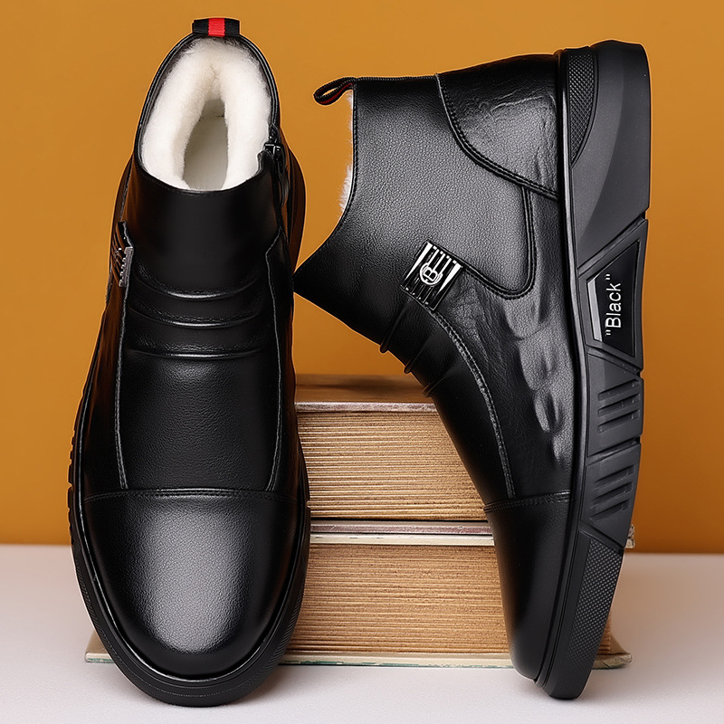 2024 Zimné nové pánske priedušné sieťované vysoké topánky, univerzálne s flísovou podšívkou, teplé zipsové ležérne kožené bavlnené topánky do vlasov