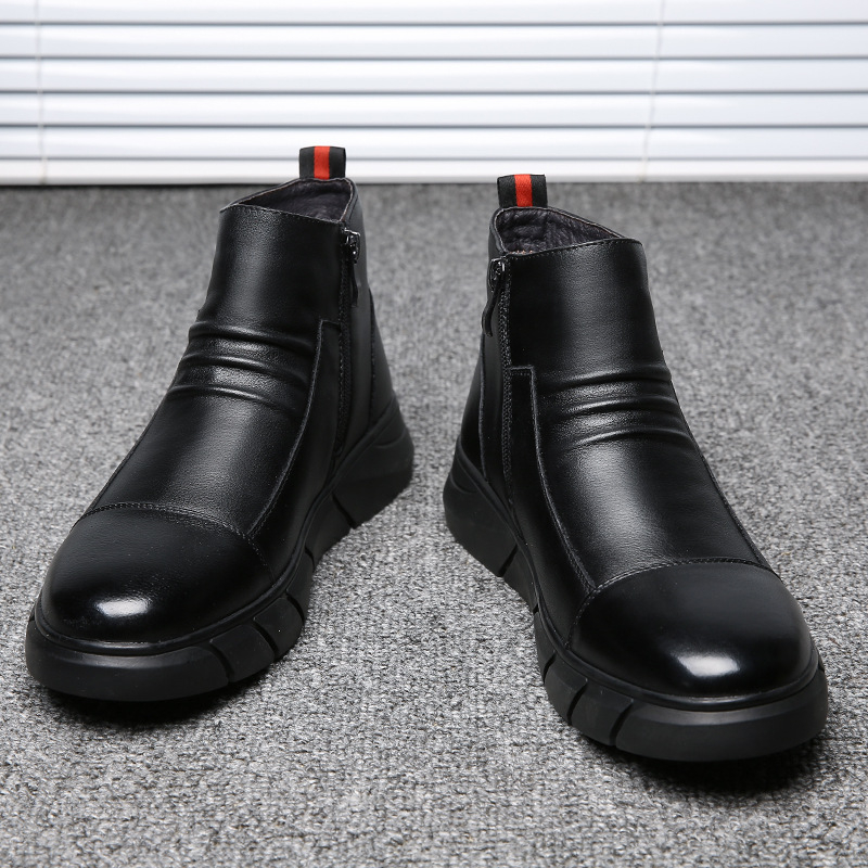 Ehtne nahk meeste kingad, kõrge säärega sügis-talvised vabaaja Martini saapad, meeste Briti stiilis fliisvoodriga soojad nahkkingad, Korea stiilis lukuga puuvillased kingad