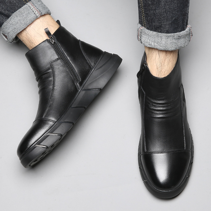 Ehtne nahk meeste kingad, kõrge säärega sügis-talvised vabaaja Martini saapad, meeste Briti stiilis fliisvoodriga soojad nahkkingad, Korea stiilis lukuga puuvillased kingad