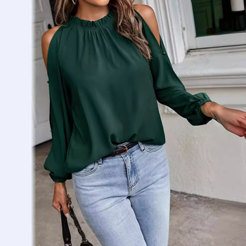 Amazon Европейска и американска трансгранична пролетно-лятна нова дамска едноцветна блуза с дълъг ръкав, кръгло деколте и плисирани рамене, с едноцветен дизайн