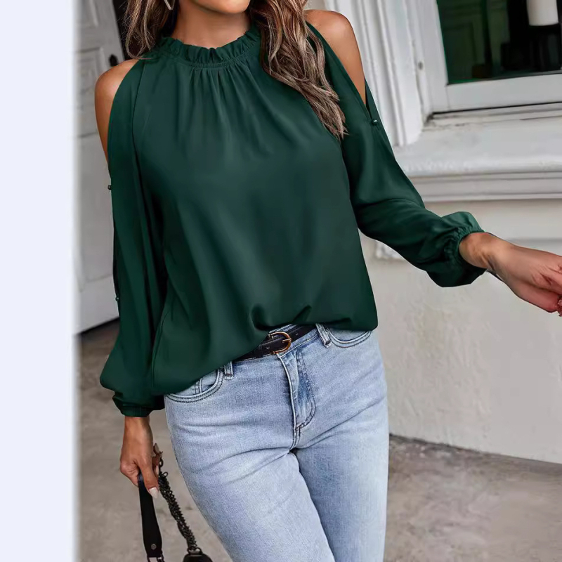 Amazonska europska i američka prekogranična proljetna i ljetna nova ženska jednobojna bluza s okruglim ovratnikom i dugim rukavima, naboranim i spuštenim ramenima