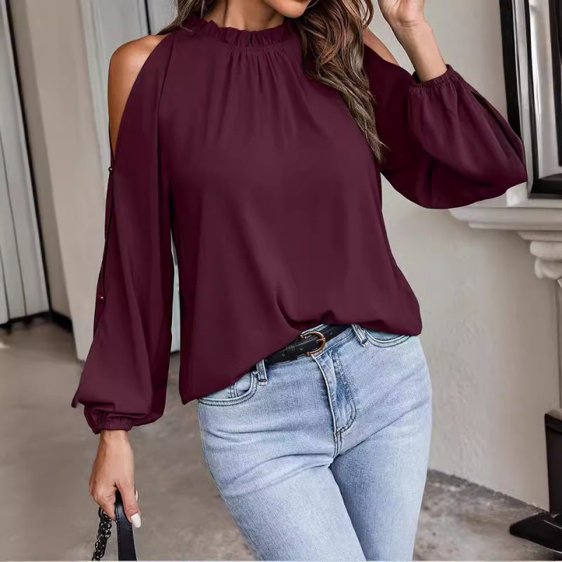 Amazonska europska i američka prekogranična proljetna i ljetna nova ženska jednobojna bluza s okruglim ovratnikom i dugim rukavima, naboranim i spuštenim ramenima