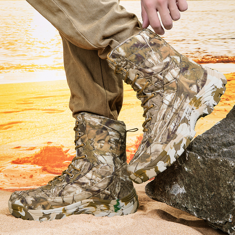 Vyriški plius dydžio taktiniai batai su aukštu viršumi, lauko alpinizmo batai, „Amazon“ lauko batai, aukšti kamufliažiniai koviniai batai.